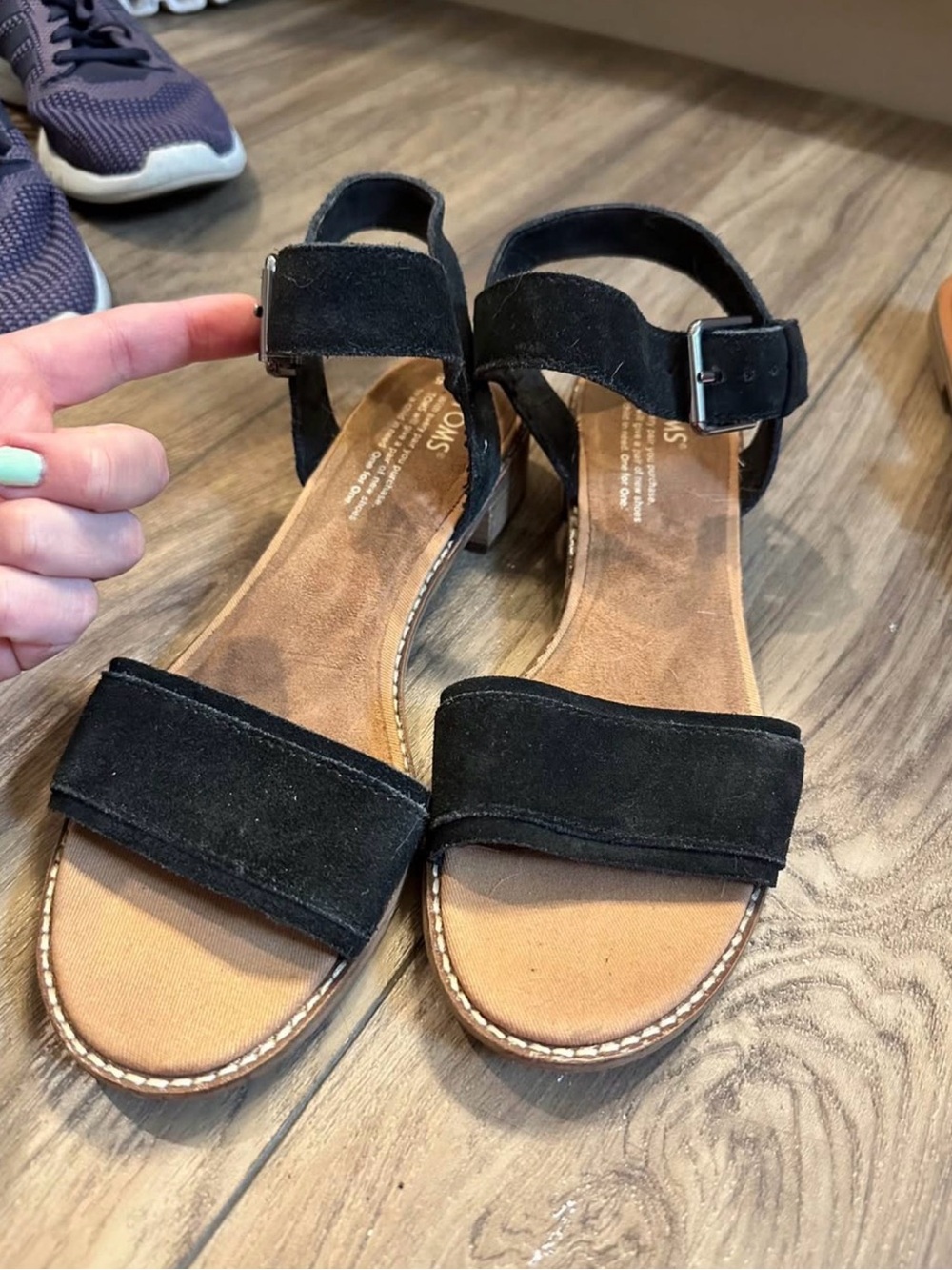 Toms Camilia Black Suede Ankle-Strap Sandals with Tan Footbed